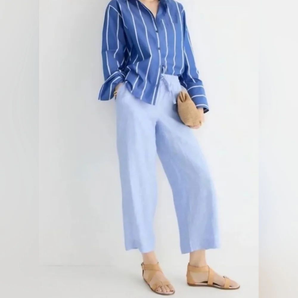 J. Crew Linen Wide Leg Pant In Chambray Blue